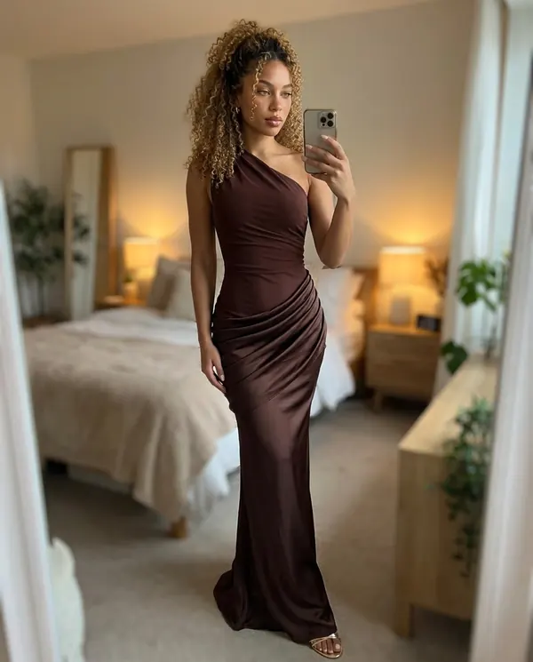 Satin Eve styling: One-Shoulder Draped Satin Maxi Dress