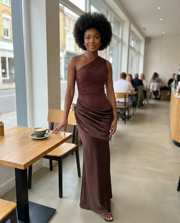 Satin Eve styling: One-Shoulder Draped Satin Maxi Dress