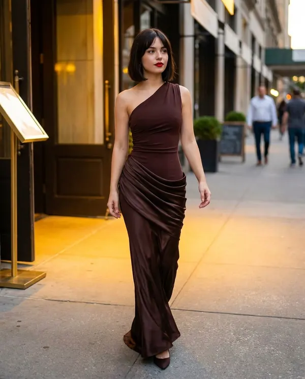 Satin Eve styling: One-Shoulder Draped Satin Maxi Dress