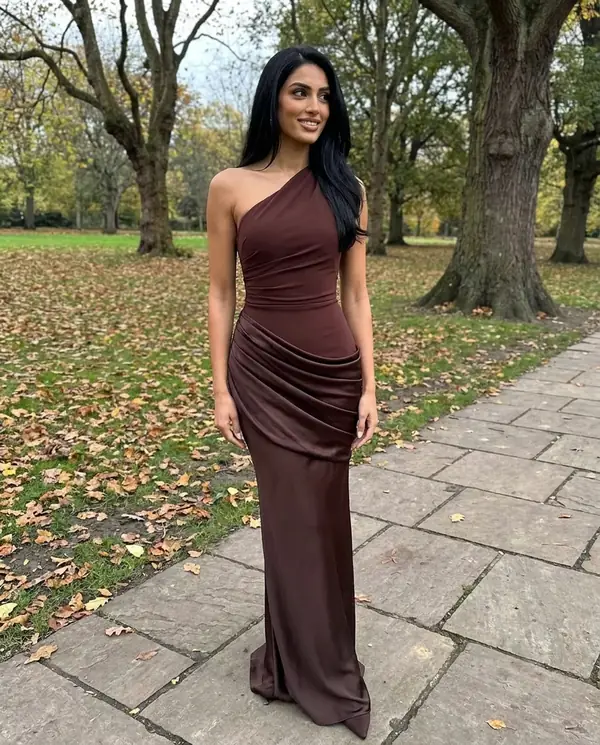 Satin Eve styling: One-Shoulder Draped Satin Maxi Dress
