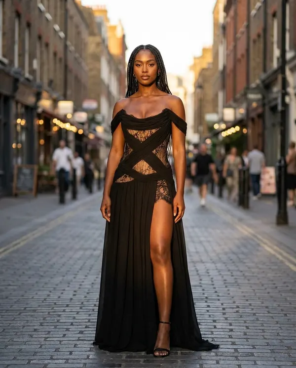 Satin Eve styling: Off-Shoulder Lace Cut-Out Chiffon Maxi Dress