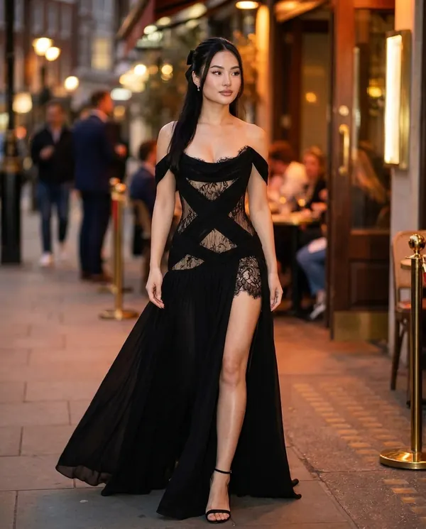 Satin Eve styling: Off-Shoulder Lace Cut-Out Chiffon Maxi Dress