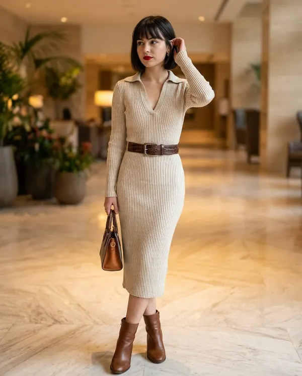 Satin Eve styling: Ribbed Polo-Collar Knit Midi Dress with Belt