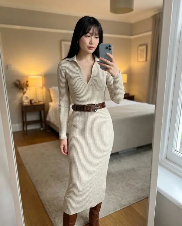 Satin Eve styling: Ribbed Polo-Collar Knit Midi Dress with Belt