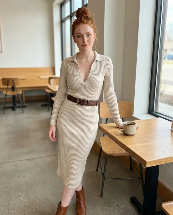 Satin Eve styling: Ribbed Polo-Collar Knit Midi Dress with Belt