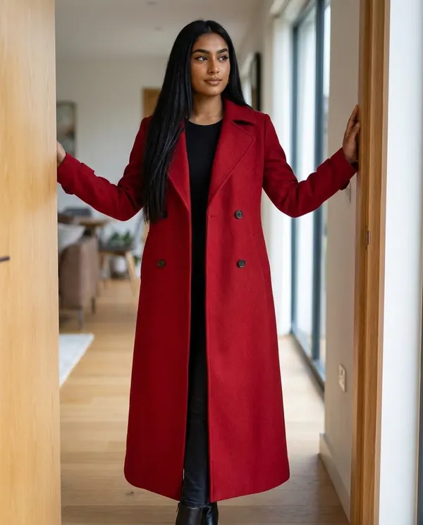 Satin Eve styling: Long Red Double-Breasted Wool-Look Coat