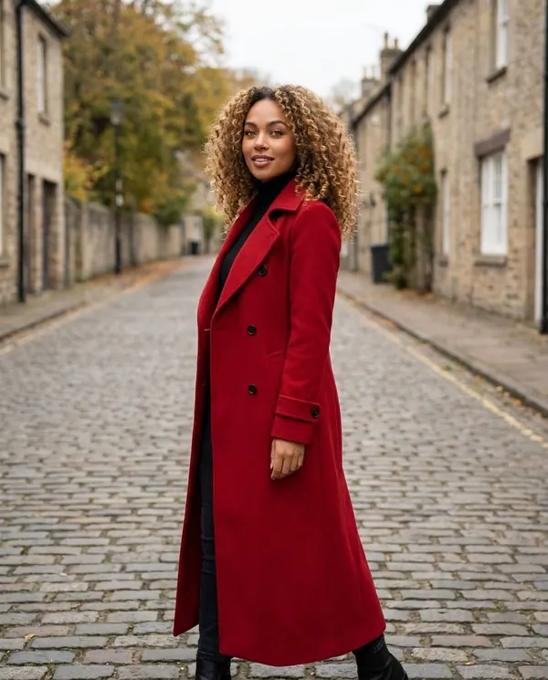 Satin Eve styling: Long Red Double-Breasted Wool-Look Coat