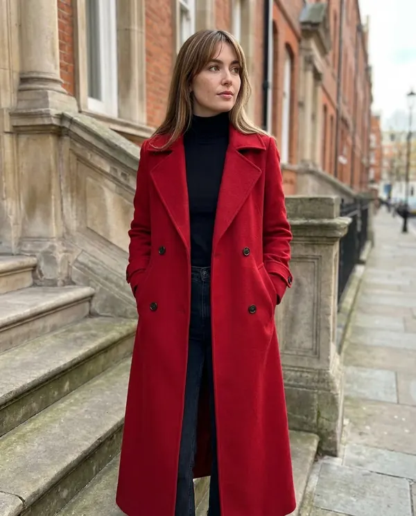 Satin Eve styling: Long Red Double-Breasted Wool-Look Coat