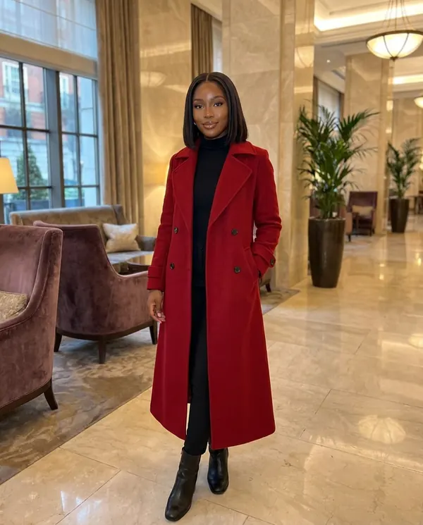 Satin Eve styling: Long Red Double-Breasted Wool-Look Coat