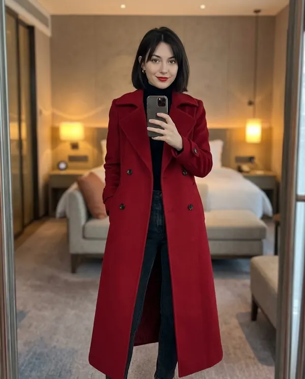 Satin Eve styling: Long Red Double-Breasted Wool-Look Coat