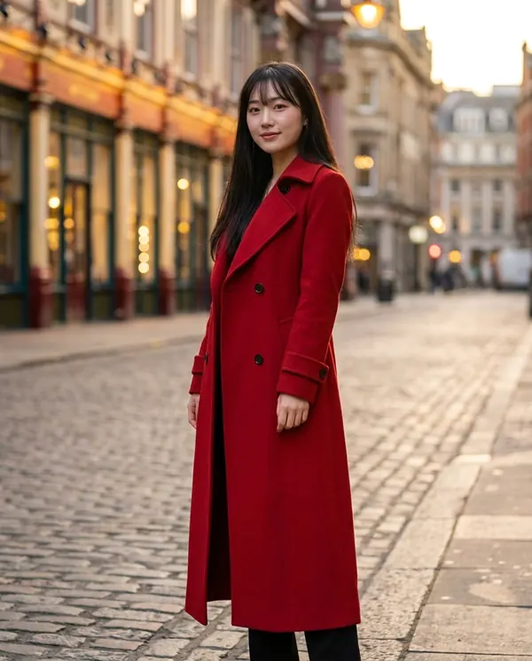 Satin Eve styling: Long Red Double-Breasted Wool-Look Coat