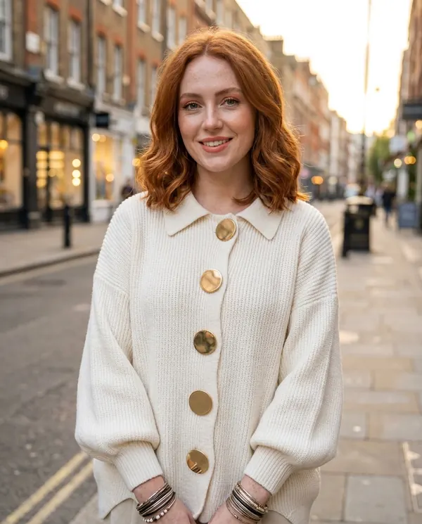 Satin Eve styling: Collared Cardigan with Gold Buttons
