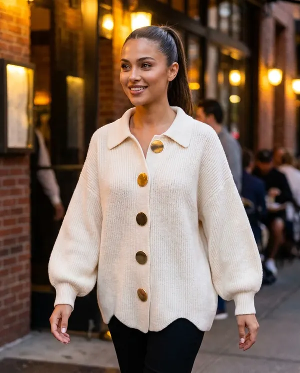 Satin Eve styling: Collared Cardigan with Gold Buttons