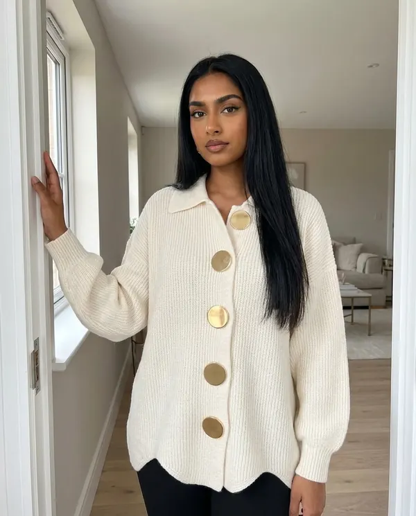 Satin Eve styling: Collared Cardigan with Gold Buttons