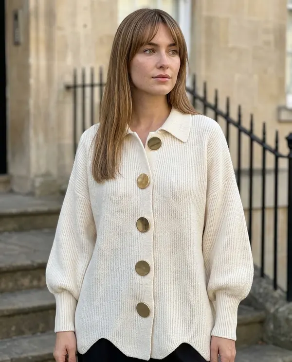 Satin Eve styling: Collared Cardigan with Gold Buttons