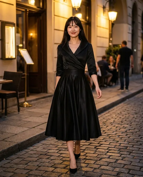 Satin Eve styling: Wrap-Front Full-Skirt Midi Dress
