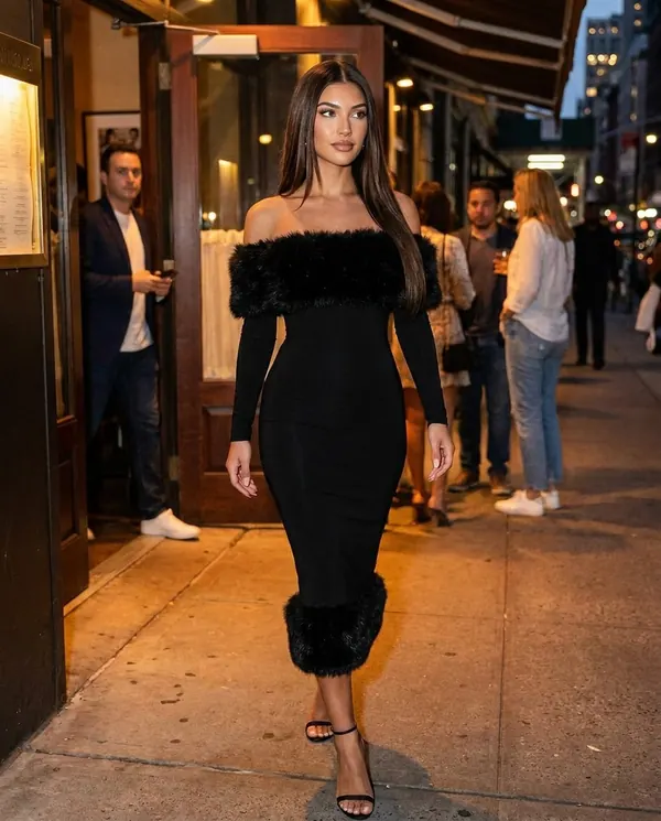 Satin Eve styling: Off-Shoulder Faux Fur Trim Bodycon Midi