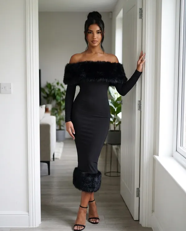 Satin Eve styling: Off-Shoulder Faux Fur Trim Bodycon Midi
