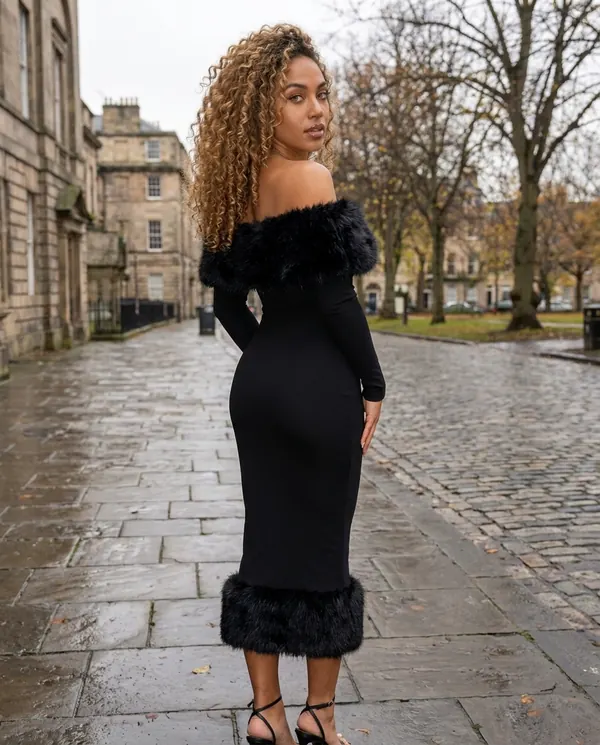 Satin Eve styling: Off-Shoulder Faux Fur Trim Bodycon Midi