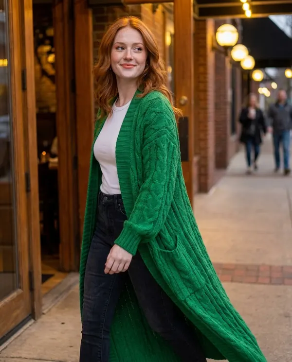 Satin Eve styling: Chunky Cable Maxi Cardigan with Pockets