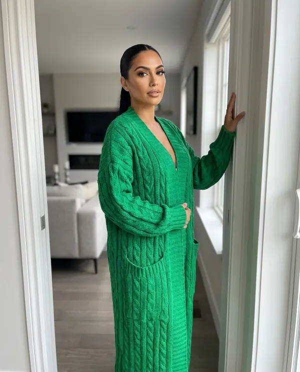 Satin Eve styling: Chunky Cable Maxi Cardigan with Pockets