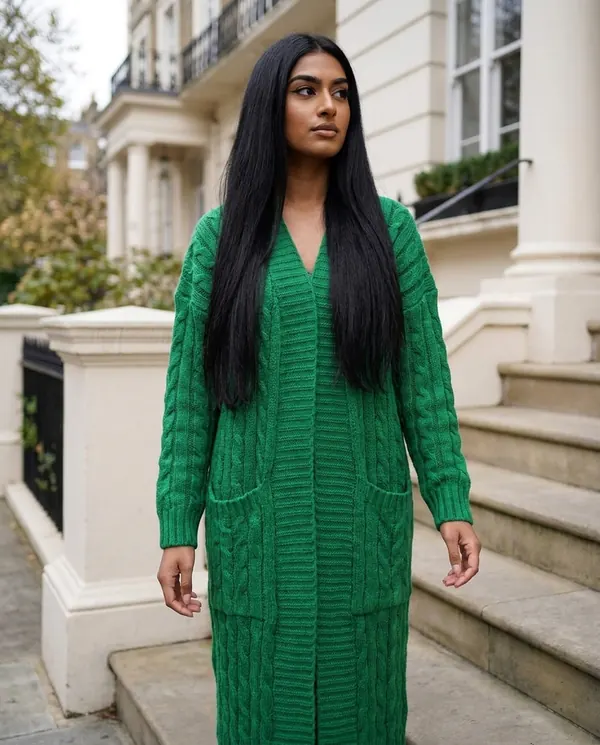 Satin Eve styling: Chunky Cable Maxi Cardigan with Pockets