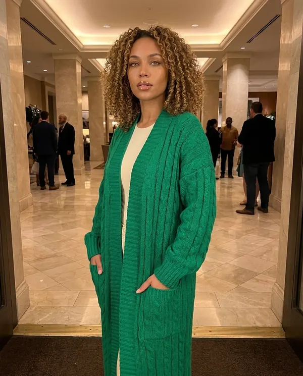 Satin Eve styling: Chunky Cable Maxi Cardigan with Pockets