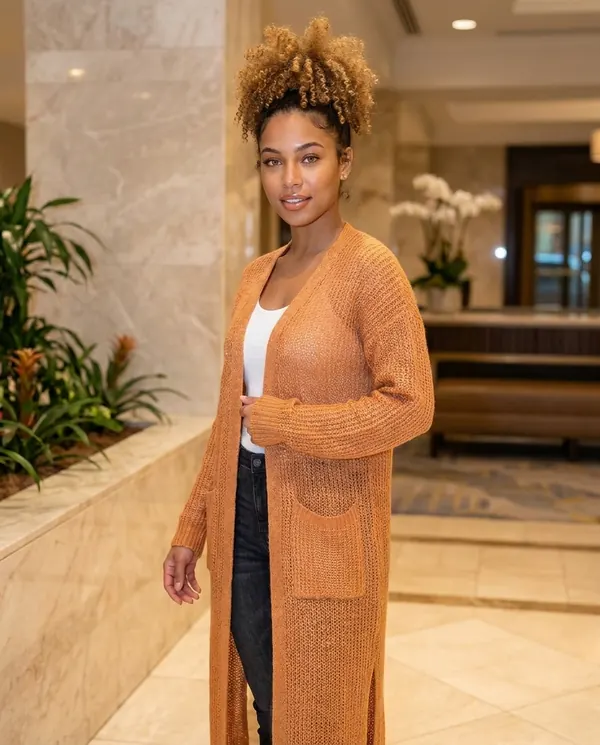Satin Eve styling: Long Open-Front Cardigan with Side Slits