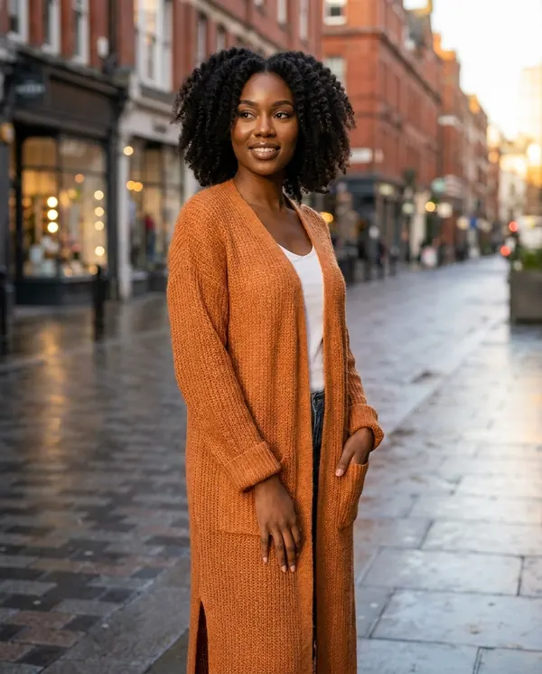 Satin Eve styling: Long Open-Front Cardigan with Side Slits