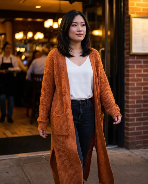 Satin Eve styling: Long Open-Front Cardigan with Side Slits