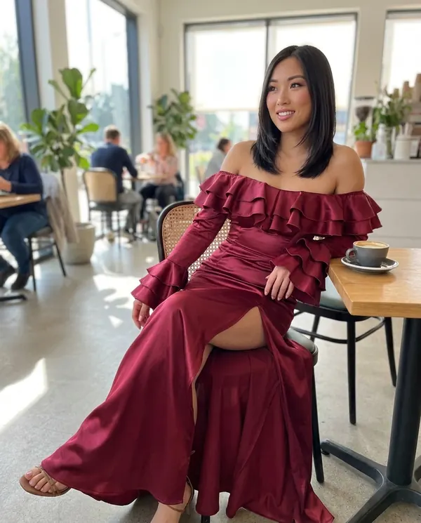 Satin Eve styling: Satin Off-Shoulder Ruffle-Sleeve Maxi Dress