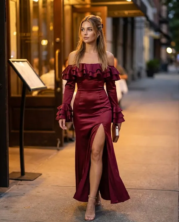 Satin Eve styling: Satin Off-Shoulder Ruffle-Sleeve Maxi Dress