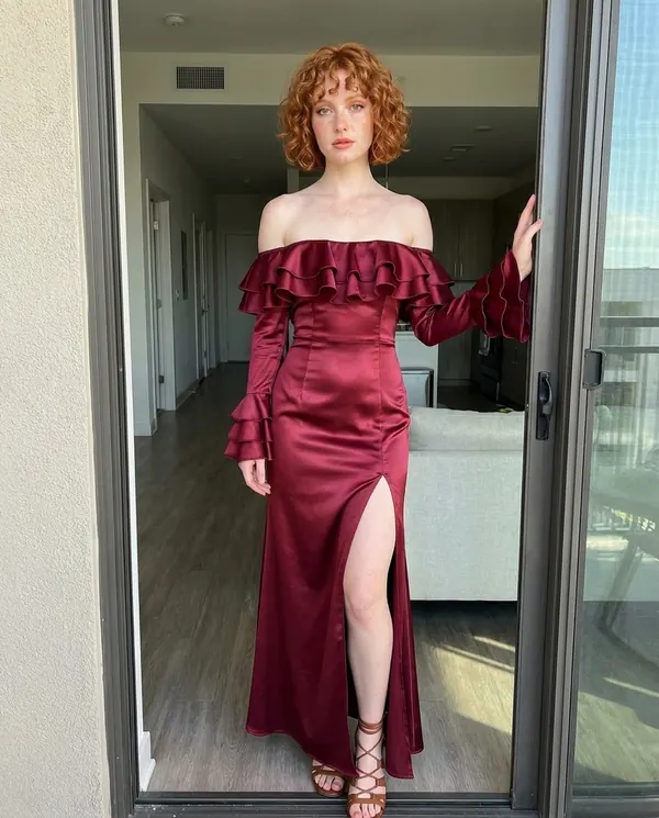 Satin Eve styling: Satin Off-Shoulder Ruffle-Sleeve Maxi Dress