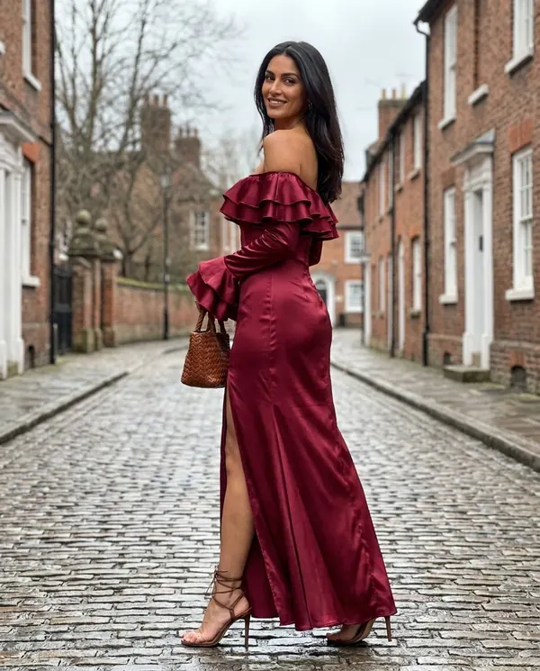 Satin Eve styling: Satin Off-Shoulder Ruffle-Sleeve Maxi Dress