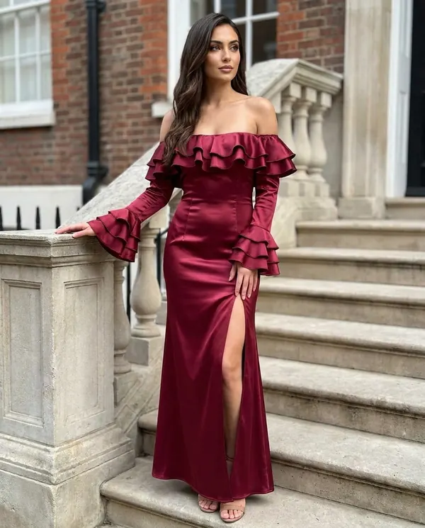 Satin Eve styling: Satin Off-Shoulder Ruffle-Sleeve Maxi Dress