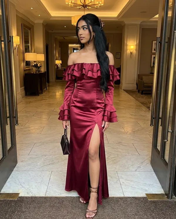Satin Eve styling: Satin Off-Shoulder Ruffle-Sleeve Maxi Dress