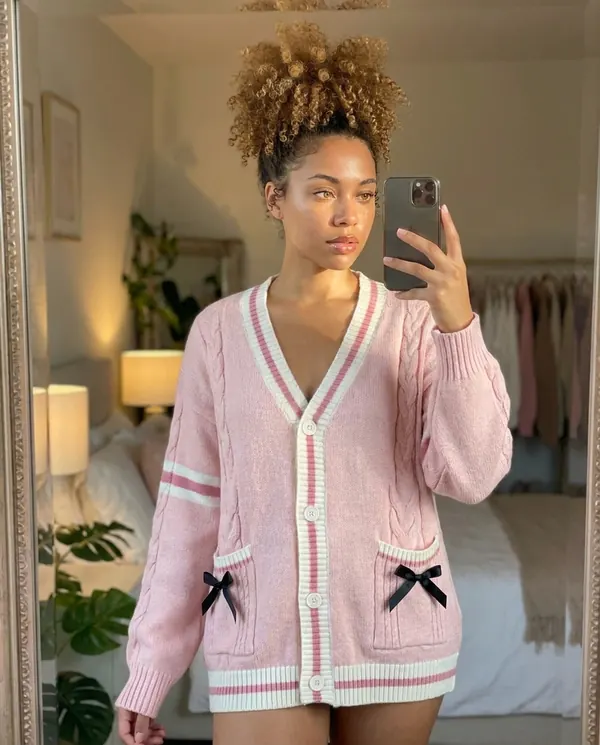 Satin Eve styling: Bow Detail Cable Knit Cardigan
