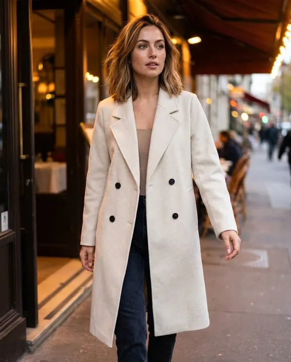 Satin Eve styling: Cream Double-Breasted Wool-Look Coat