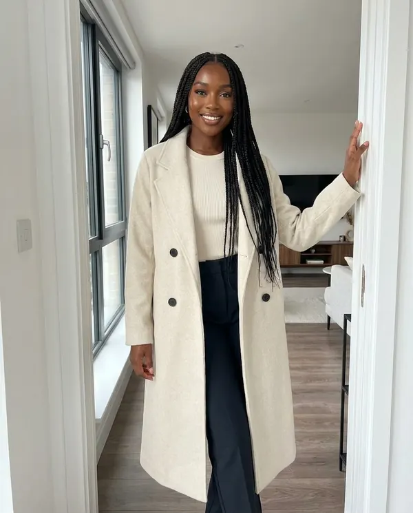 Satin Eve styling: Cream Double-Breasted Wool-Look Coat