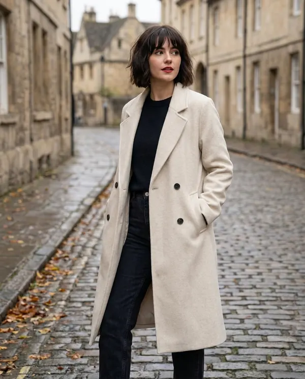 Satin Eve styling: Cream Double-Breasted Wool-Look Coat