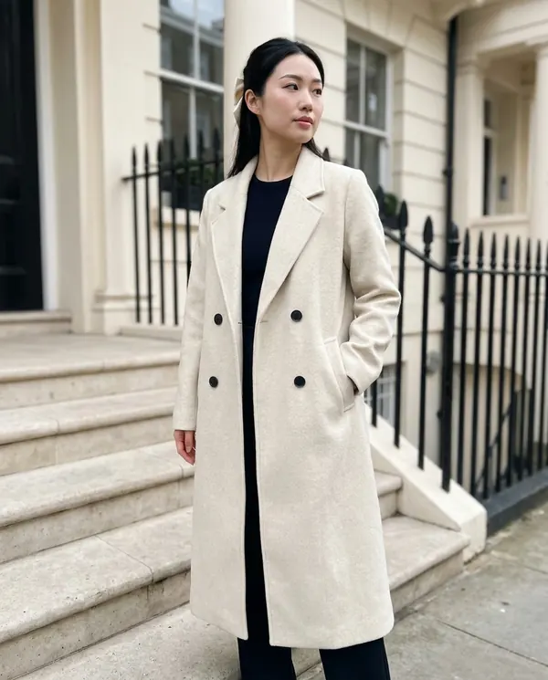 Satin Eve styling: Cream Double-Breasted Wool-Look Coat