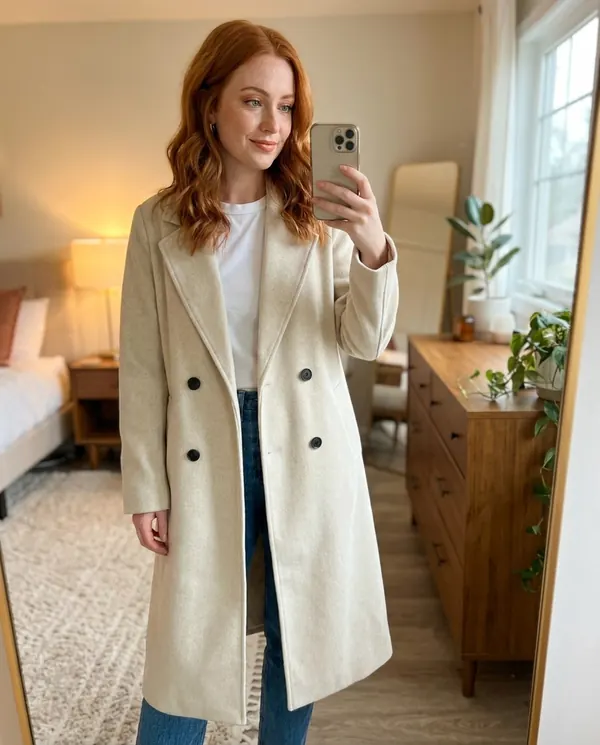 Satin Eve styling: Cream Double-Breasted Wool-Look Coat
