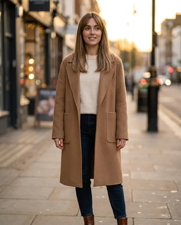 Satin Eve styling: Open-Front Relaxed Wool-Look Coat