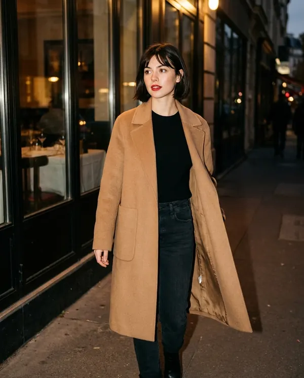 Satin Eve styling: Open-Front Relaxed Wool-Look Coat