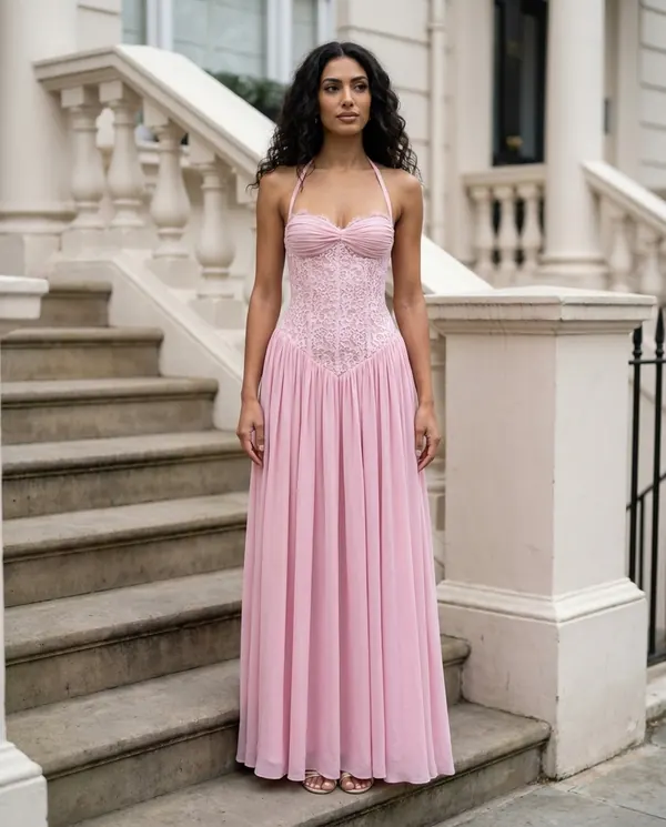 Satin Eve styling: Lace Halter Corset Maxi Dress with Chiffon Skirt