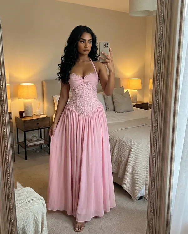 Satin Eve styling: Lace Halter Corset Maxi Dress with Chiffon Skirt