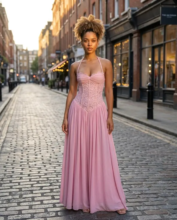 Satin Eve styling: Lace Halter Corset Maxi Dress with Chiffon Skirt
