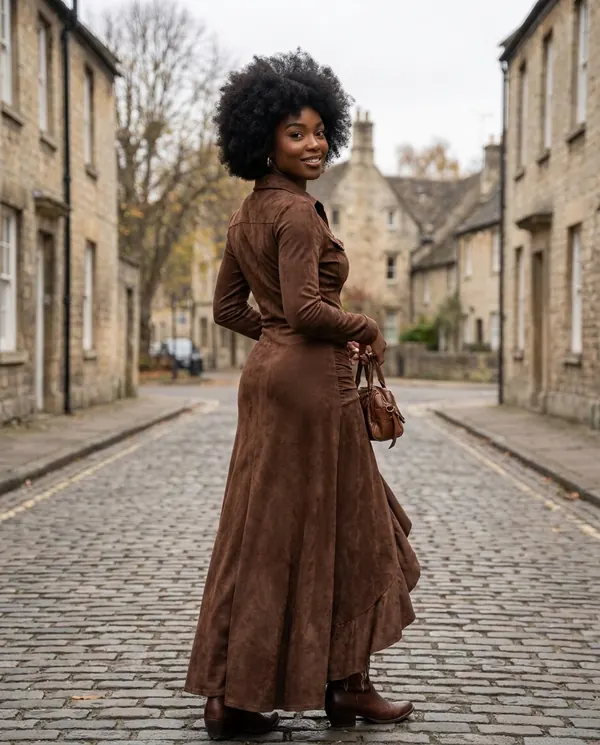 Satin Eve styling: Faux Suede Shirt-Style Maxi Dress