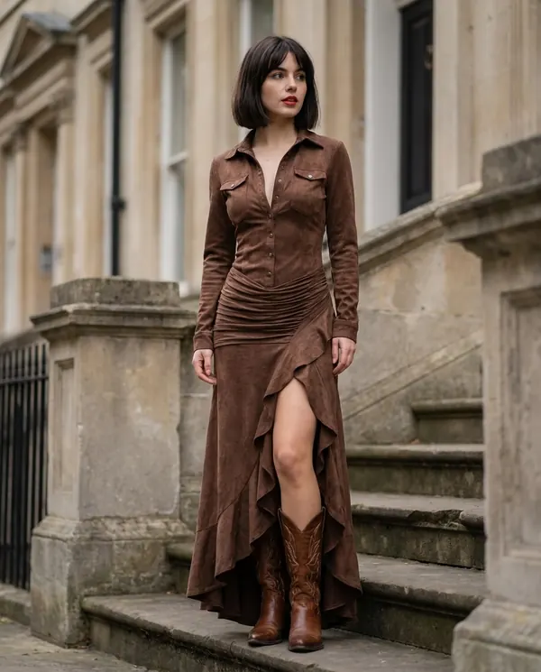 Satin Eve styling: Faux Suede Shirt-Style Maxi Dress