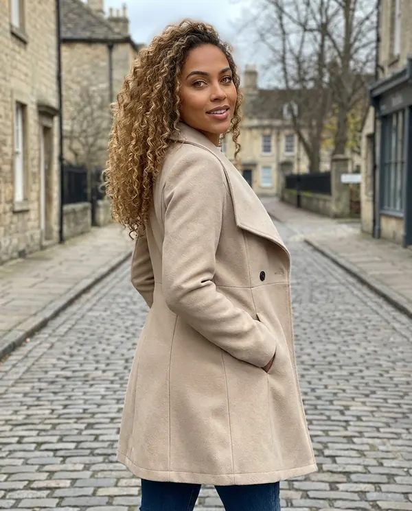 Satin Eve styling: Wide-Lapel Flared Wool-Look Coat